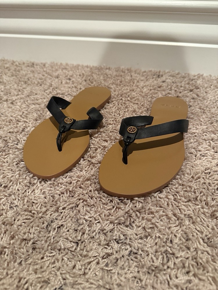 Tory Burch Womens Black Leather Flip Flops Size 7.5 New