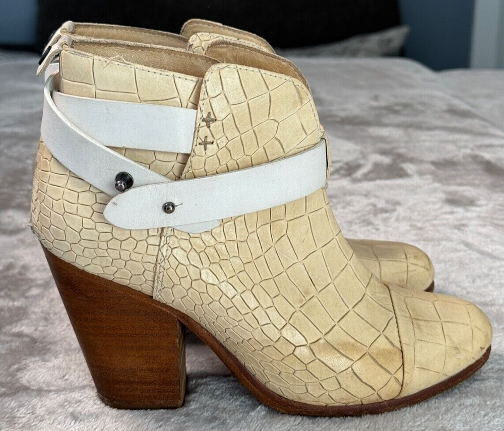 Rag & Bone Harrow Ivory White Croc Embossed Leather Cap Toe Boots Women's Size 7 EU 37