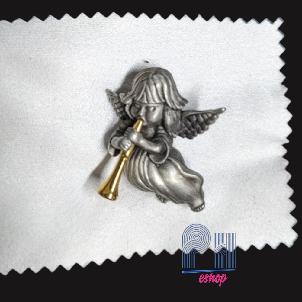 Vintage Pewter Angel Brooch Gold Tone Trumpet Winged Figure Pin Jewelry