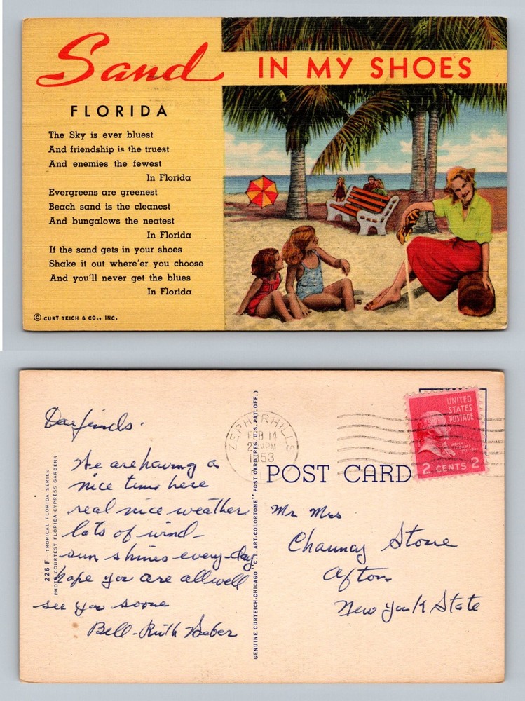 Florida, FL-Florida, Sand In My Shoes Poem Beach Palms Vintage c1953 Postcard