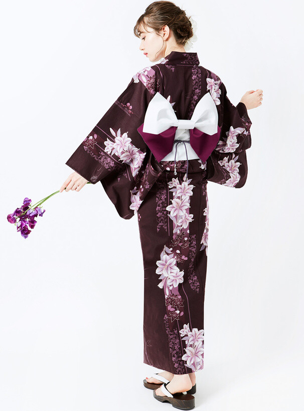 Kimono Yukata Set Grail Dress lily Purple Bordeaux Kyoto Summer Clothes JP New