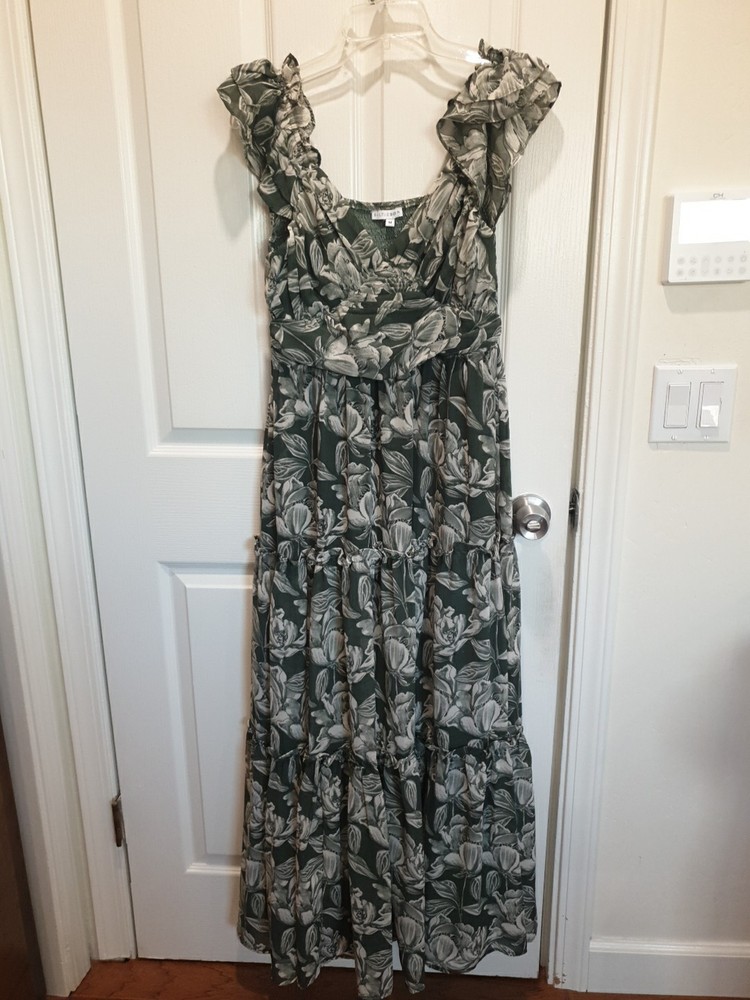 Baltic Born Womens SzM GreenWhite Floral Ruffled Smocked Back Martina Maxi Dress