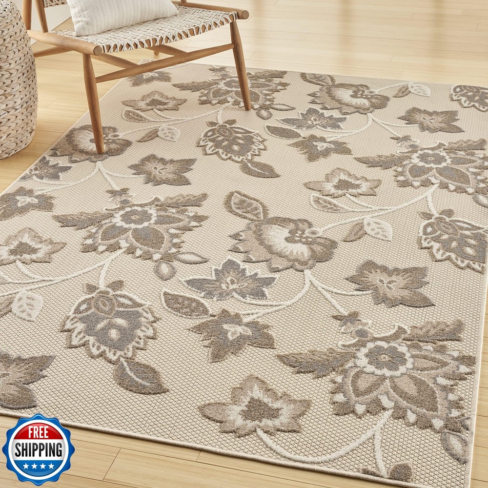 Nourison Aloha Indoor Outdoor Beige 5x7 Area Rug Easy Clean Non-Shedding
