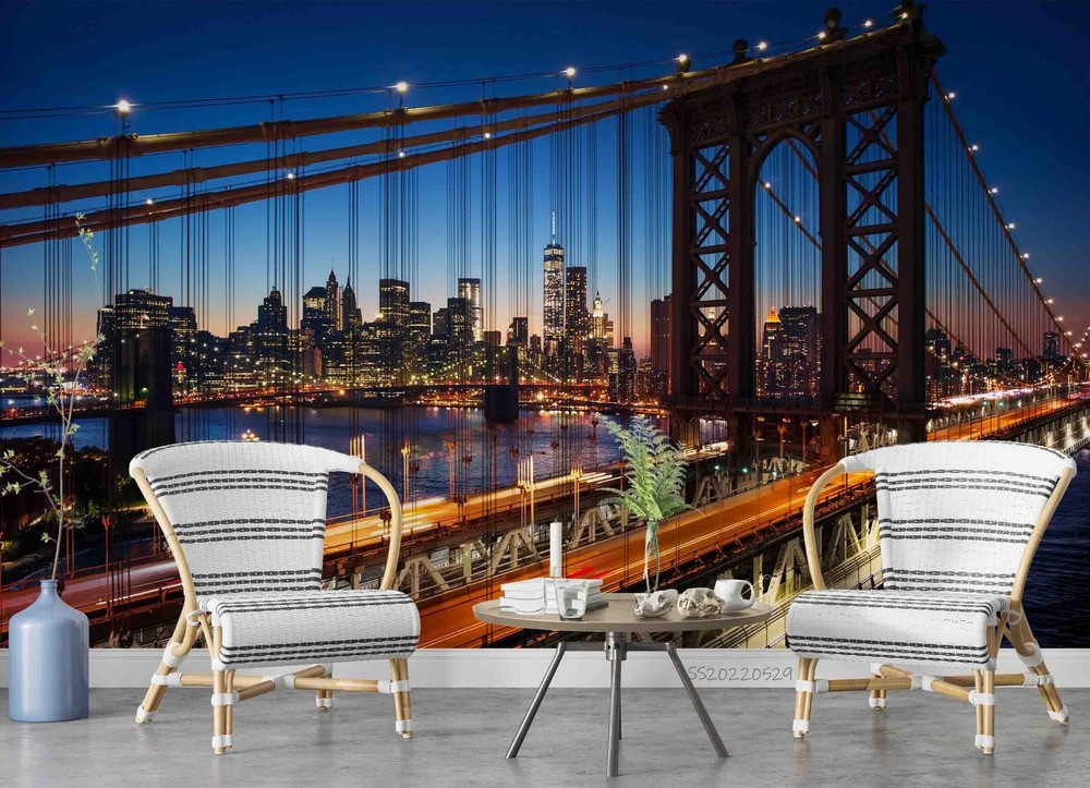 3D New York Brooklyn Bridge Night View Wall Murals Wallpaper Murals Wall Sticker