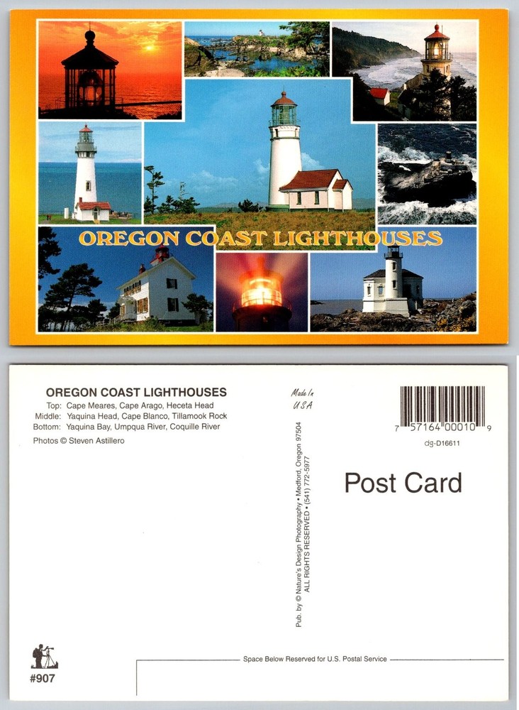 Oregon Coast Lighthouses Postcard - Cape Meares Arago Heceta Head