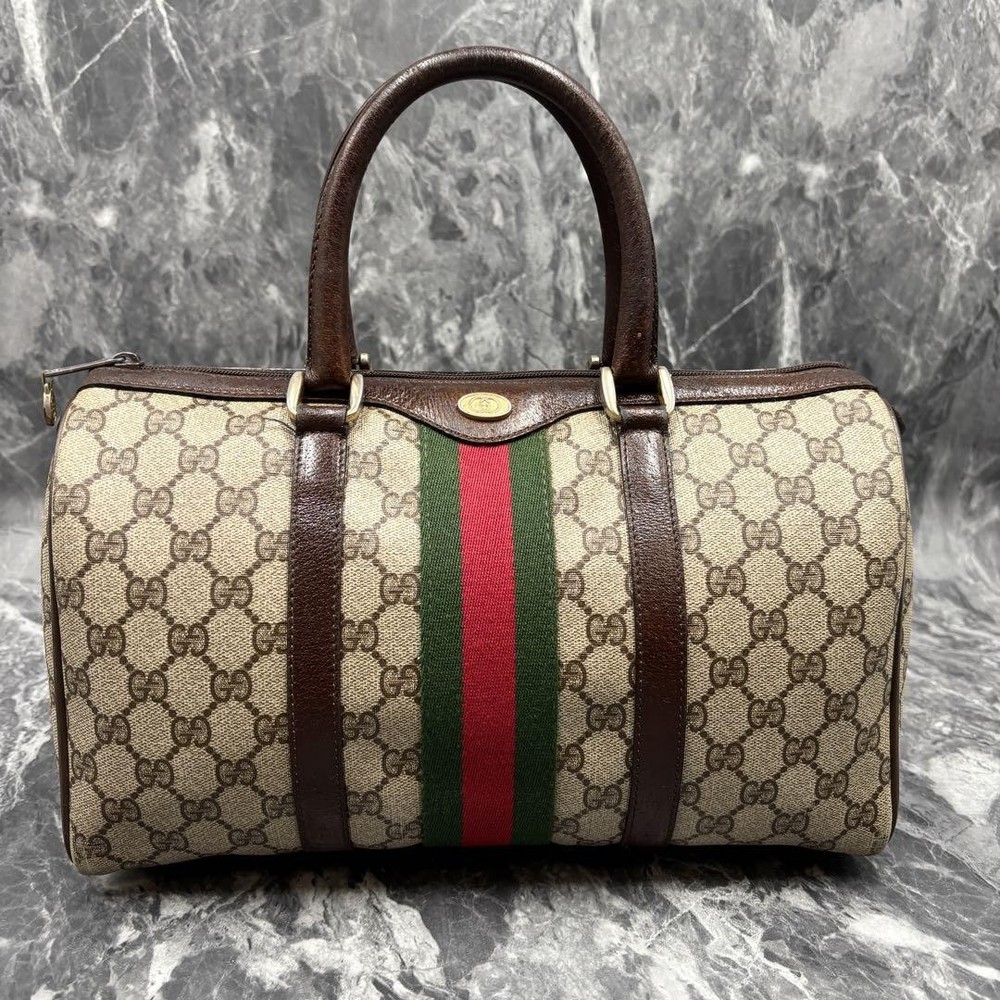 GUCCI Sherry Line GG Handbag Boston Bag Leather PVC Brown Beige Gold Hardware
