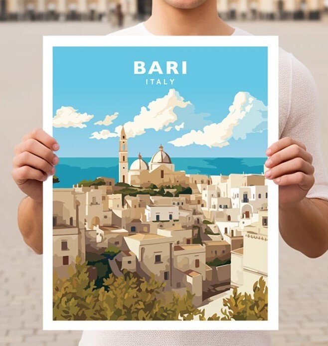 Bari Italy Travel Wall Art Poster Print Vintage Style Cityscape Decor