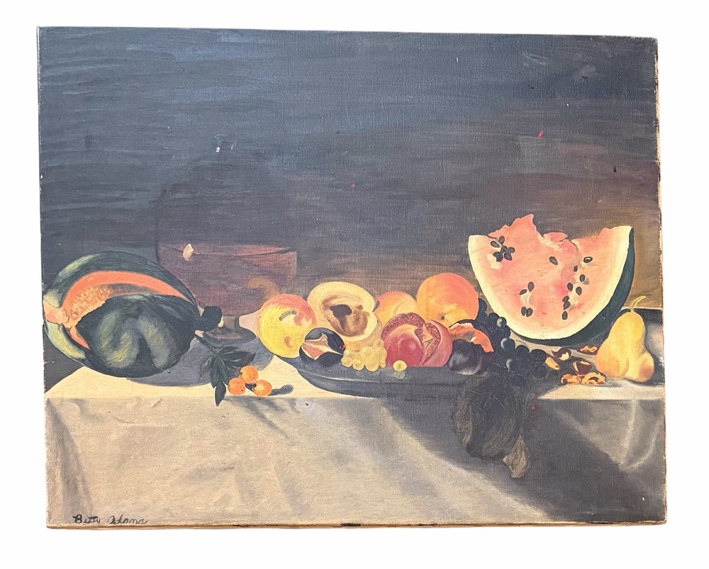Vintage Still Life Oil Painting Fruit Watermelon Grapes Signed Framed