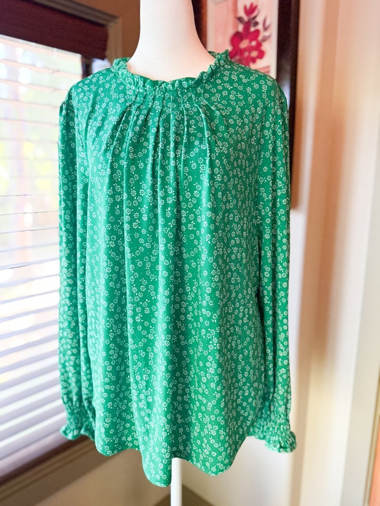 Adrianna Papell Green & White Floral Long Sleeve Blouse Top Size XL