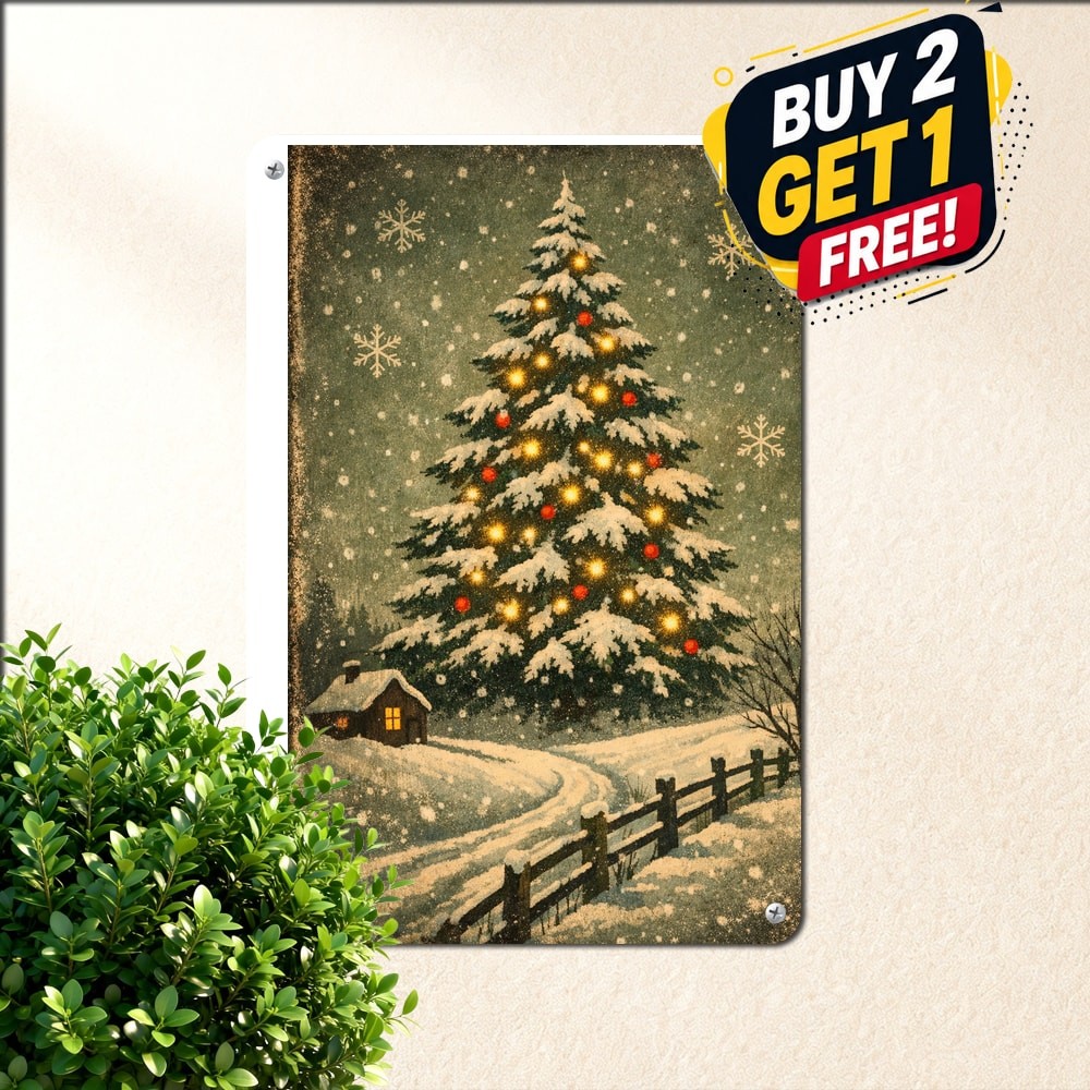 Christmas Tree Winter Snow Scene Tin Metal Sign Retro Holiday Decor Wall