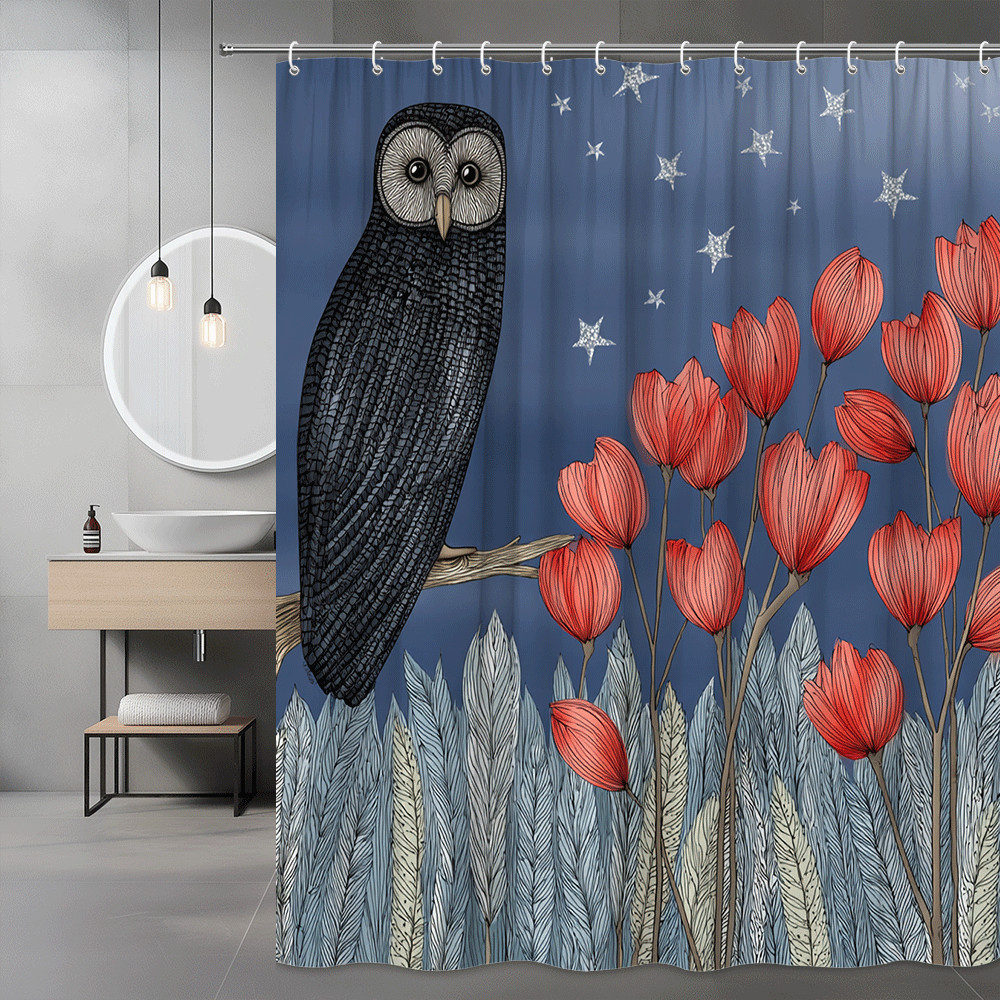 Owl and Floral Shower Curtain, Blue Sky Stars Print