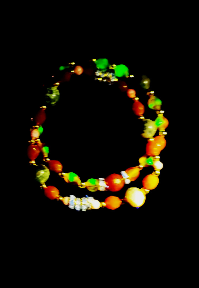 Uranium Glass Beads, Coral, Carnelian And Yooperlite Goldtone 2 Bracelet Set