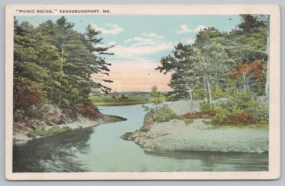 State View~Picnic Rocks By River Kennebunkport Maine~Vintage Postcard
