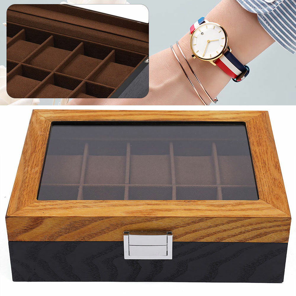 10-Slot Wooden Watch Box with Glass Top & Lock for Jewelry Storage