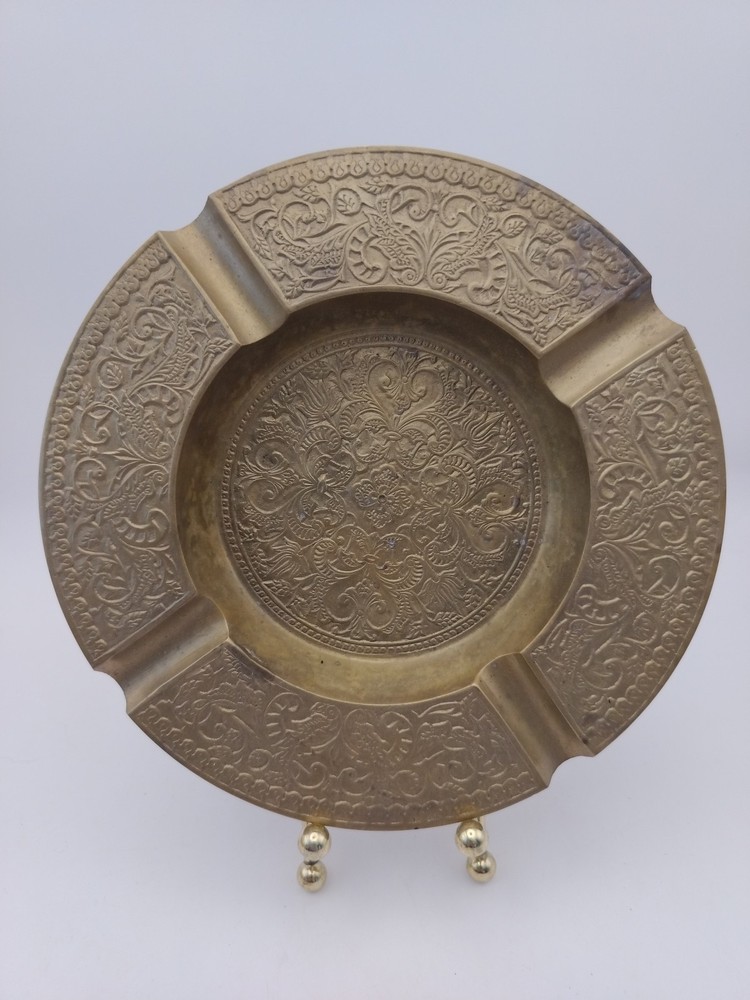 Vintage Brass Plated Ornate Floral 4 Rest Ashtray Hollywood Regency MCM 7”