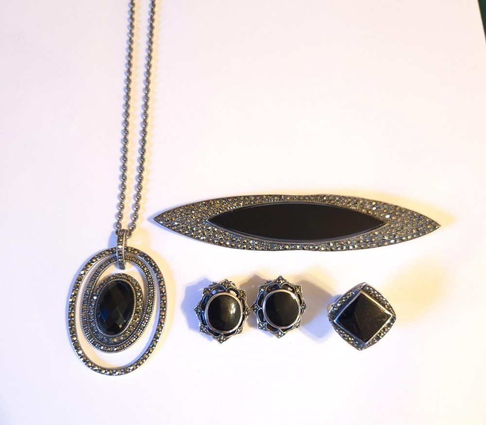 Vintage Art Deco Sterling Silver Black Onyx Brooch, Necklace, Earrings And Ring