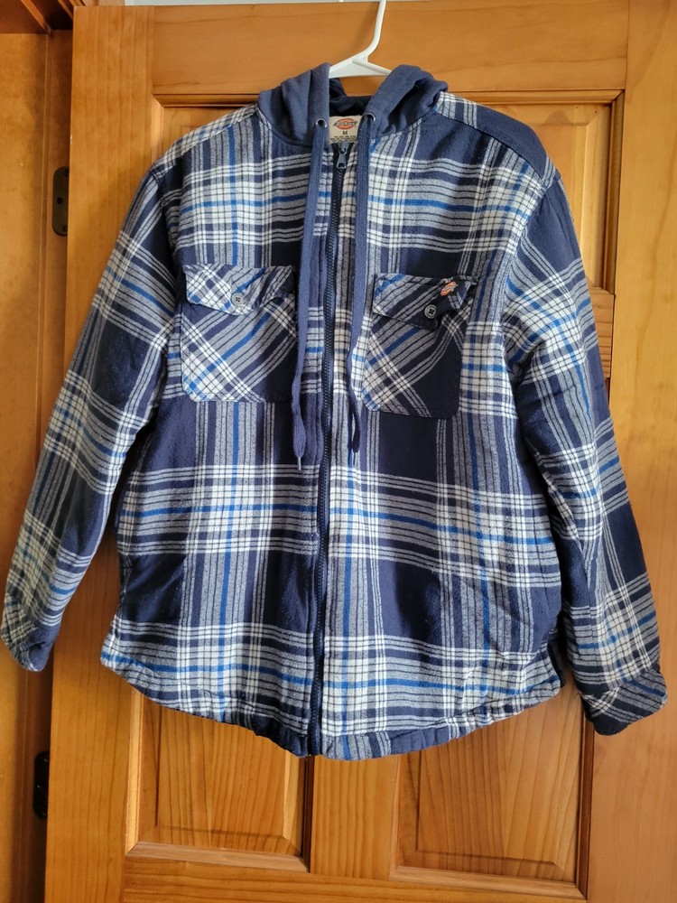 Dickies Jacket Mens Medium Blue Plaid Flannel Quilt Lined Hooded Workwear Camp
