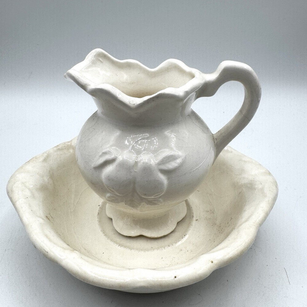Vintage Pitcher and Wash Basin/Bowl Small Size White Embossed Design MCM Japan