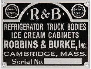 Robbins Burke Ice Cream Truck Vintage Acid Etched Aluminum Data Plate-image