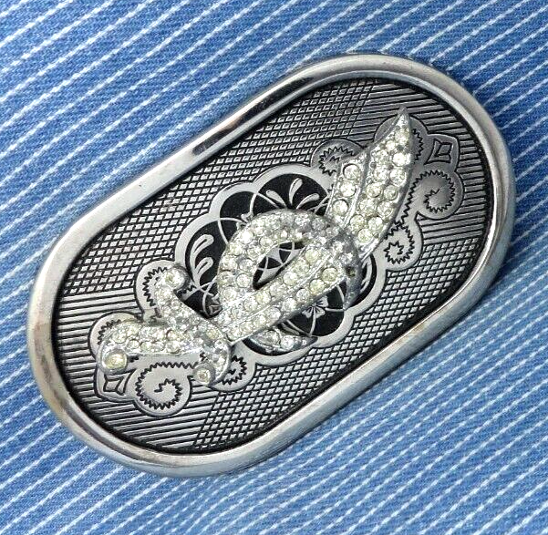 Crescent Scimitar Sword Belt Buckle Shriner Masonic Rhinestones Vtg 70s  .PCB710