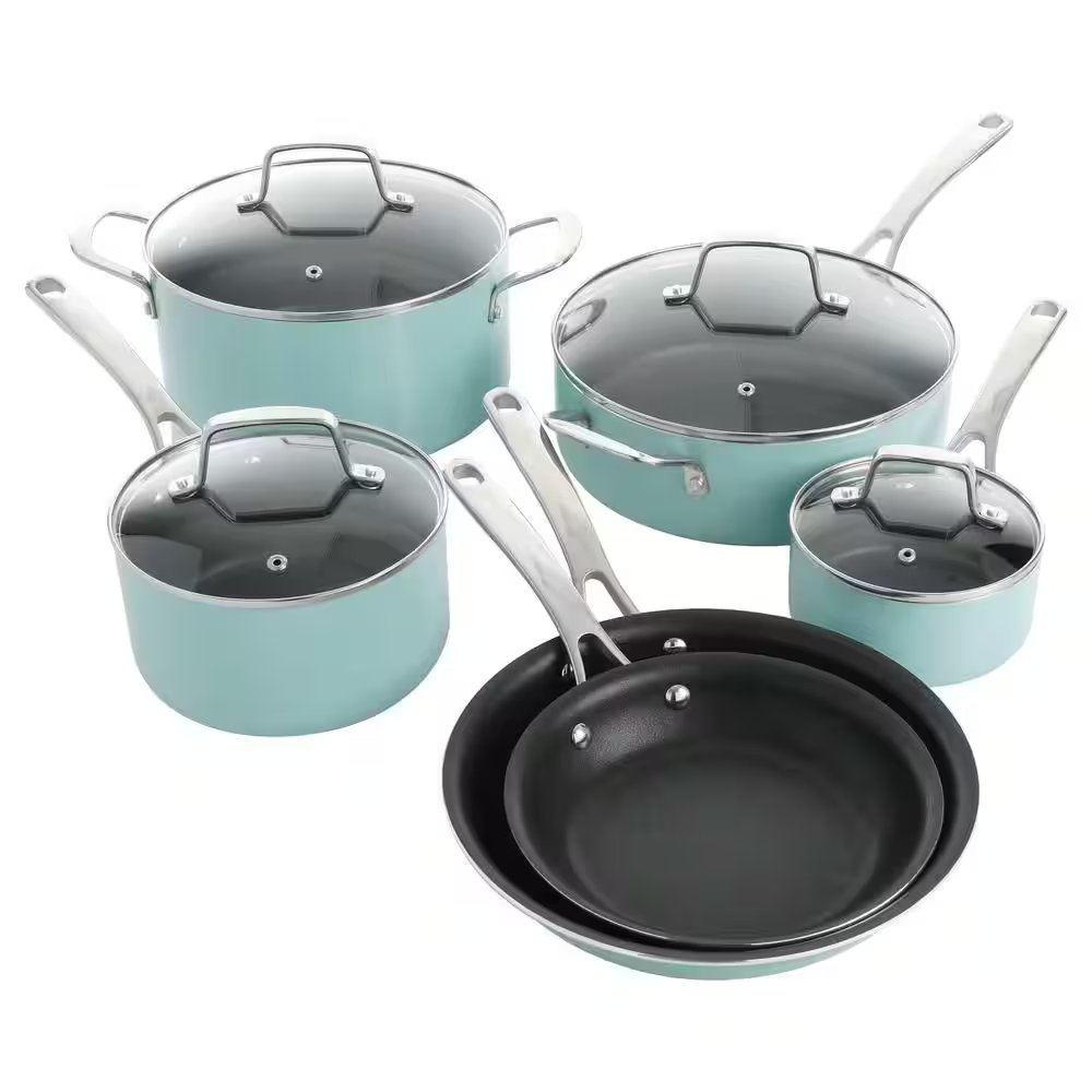 10 Piece Mint Nonstick Enamel Kitchen Sauce Pans Cookware Set With Aluminum Lids