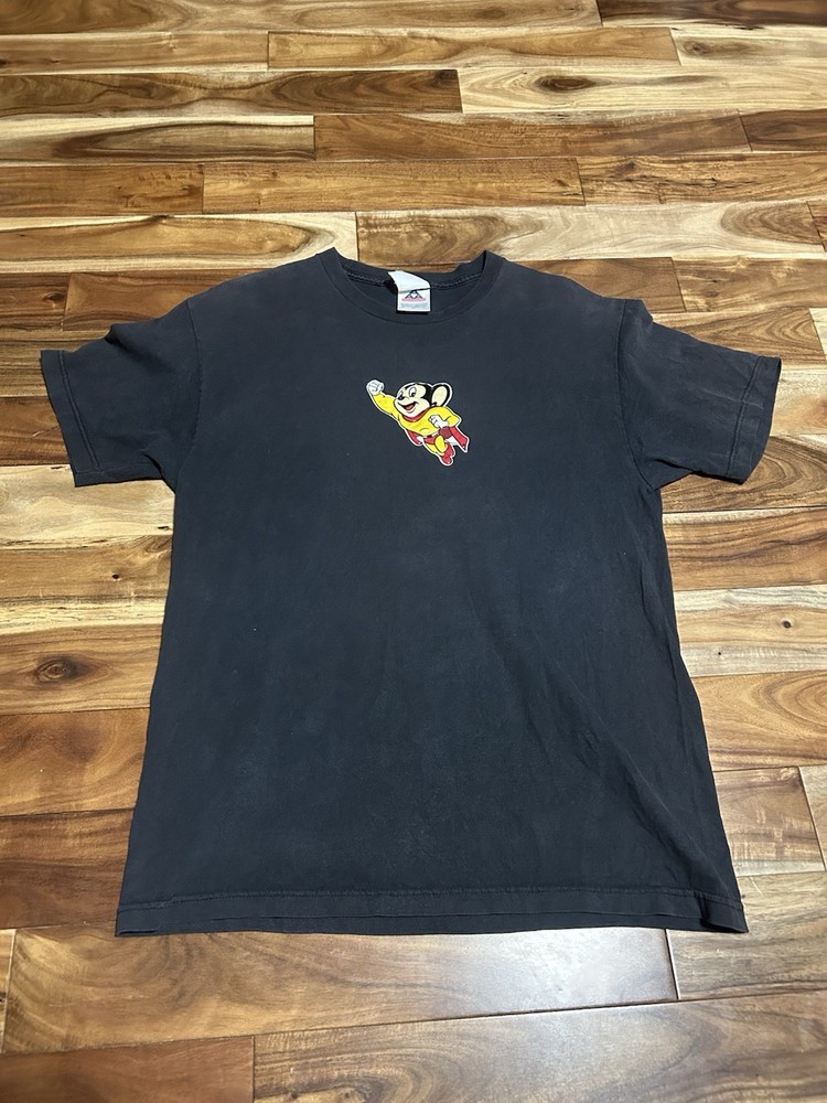 VTG MIGHTY MOUSE 3D PUFF PATCH Men L Black T-Shirt AAA