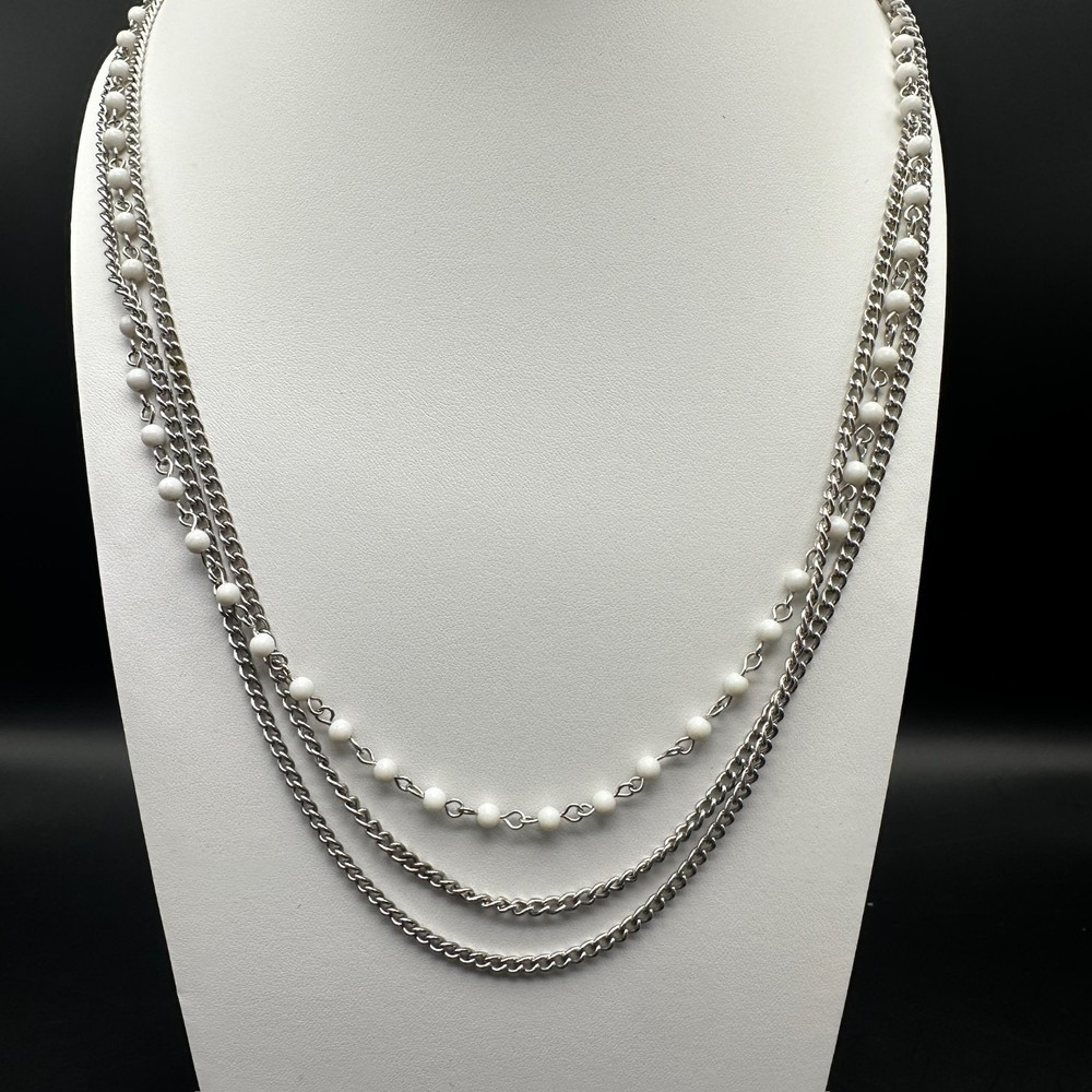 Vintage 90s White Bead Multi Strand Silver Tone Chain Necklace Layered Jewelry