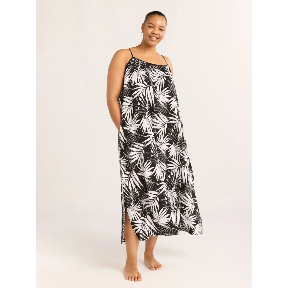 Joyspun Midi Long Nightgown Straps Pockets Black White Floral Print 3X