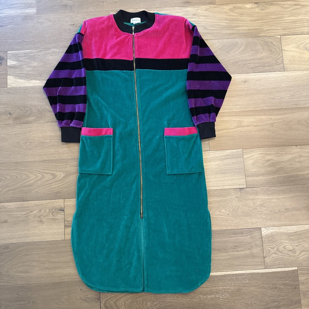 Neiman Marcus Zip Up Velvet Emerald  Robe Color block Pink Purple Stripped Sz S