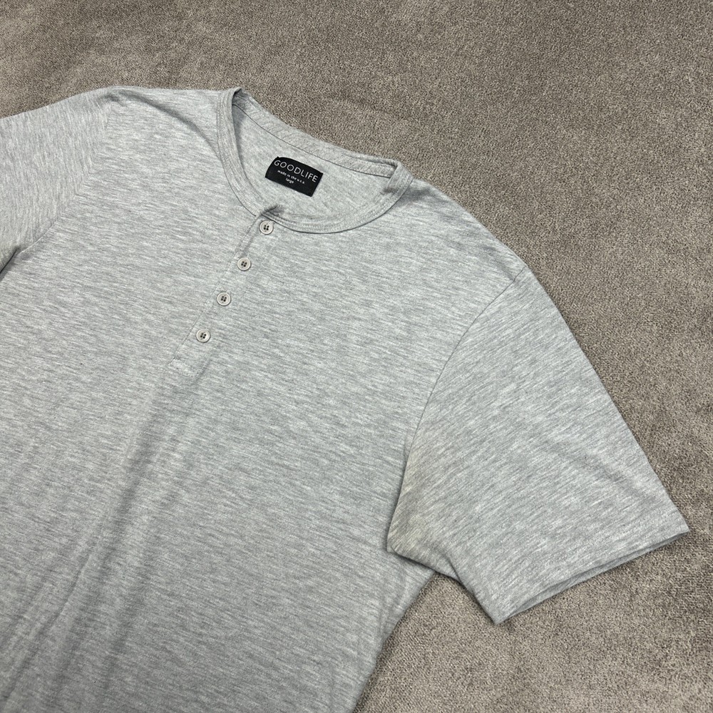 Goodlife Mens Curve Hem Henly T Shirt Size Large Gray Made In USA Short Sleeve