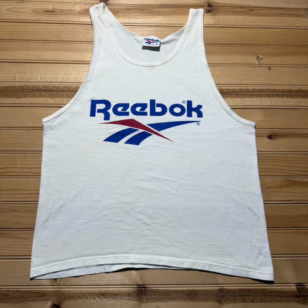 Vintage 90s Reebok Big Logo Vector Athletic Gym Sportswear Tank Top Shirt Large