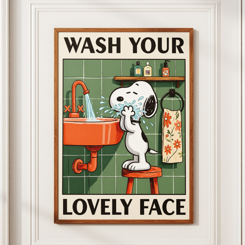 Snoopy Wash Your Lovely Face Poster Cute Bathroom Print Retro Wall Decor