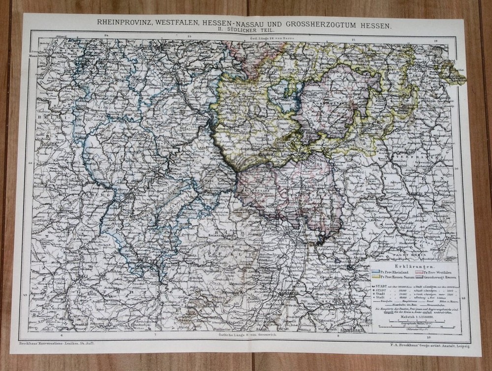 1900 Original Antique Map Of Hesse Westphalia Rhineland Frankfurt Germany
