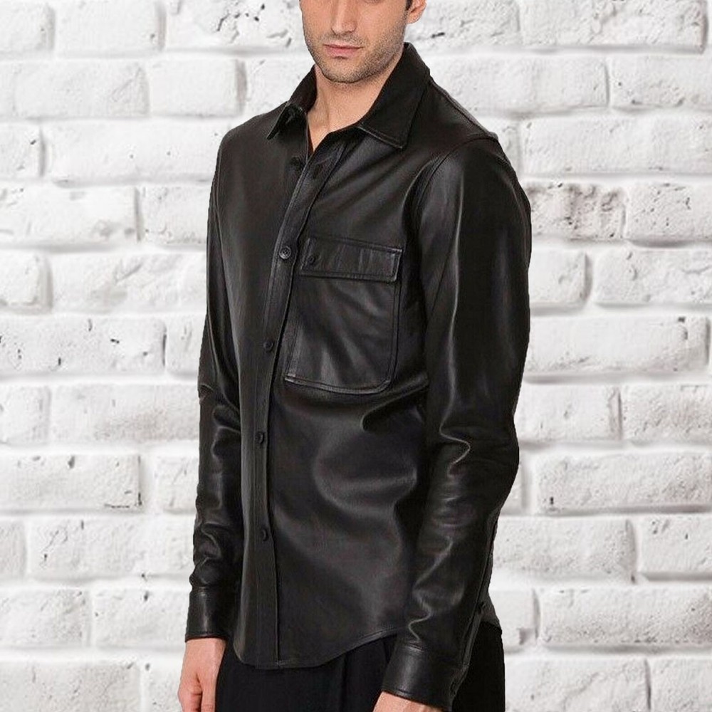 Men Genuine Black Lambskin Leather Shirt Premium Vintage Button Jacket
