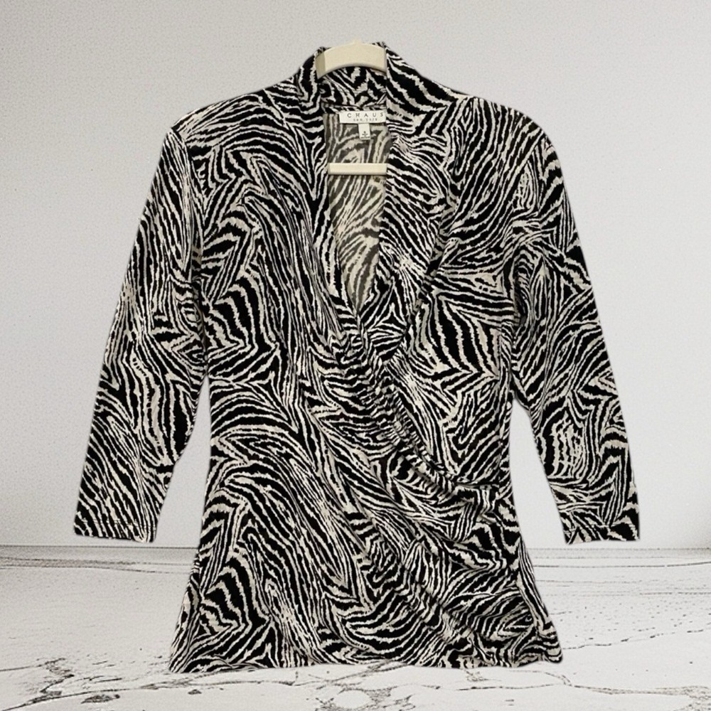 Chaus New York Animal Print Faux Wrap Top Women’s Small Lightweight Stretch