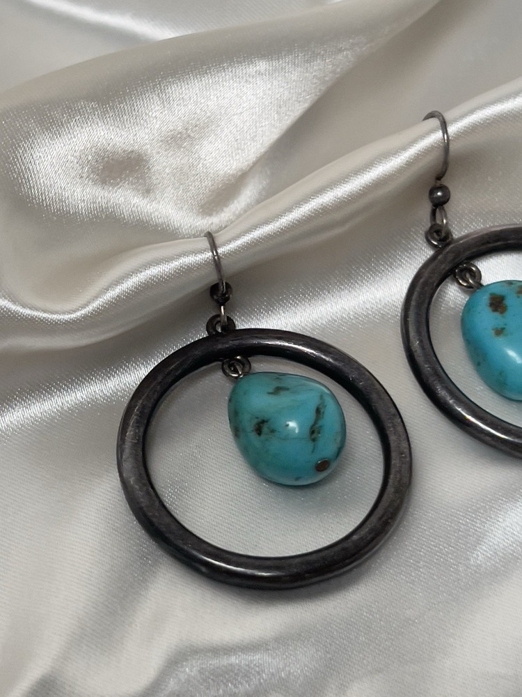 Dangle Hoop Silver Tone Turquoise Colored Earrings