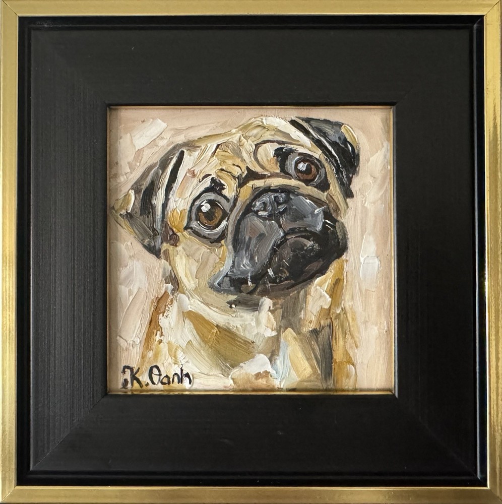 ORIGINAL OIL PAINTING PUG DOG PORTRAIT SIGNED FRAMED 4x4