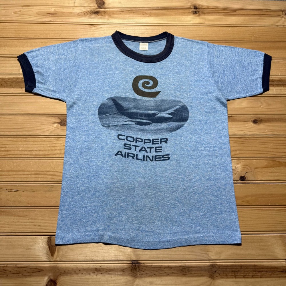 Vintage 70s Copper State Airlines Route Map Graphic Promo Ringer T-Shirt Medium