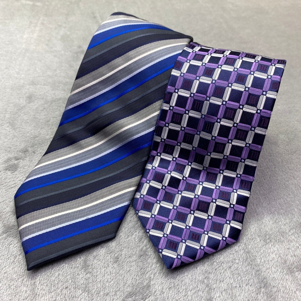 Lot of 2 Croft & Barrow Mens Necktie Striped Blue Purple Geometric Ties Preppy