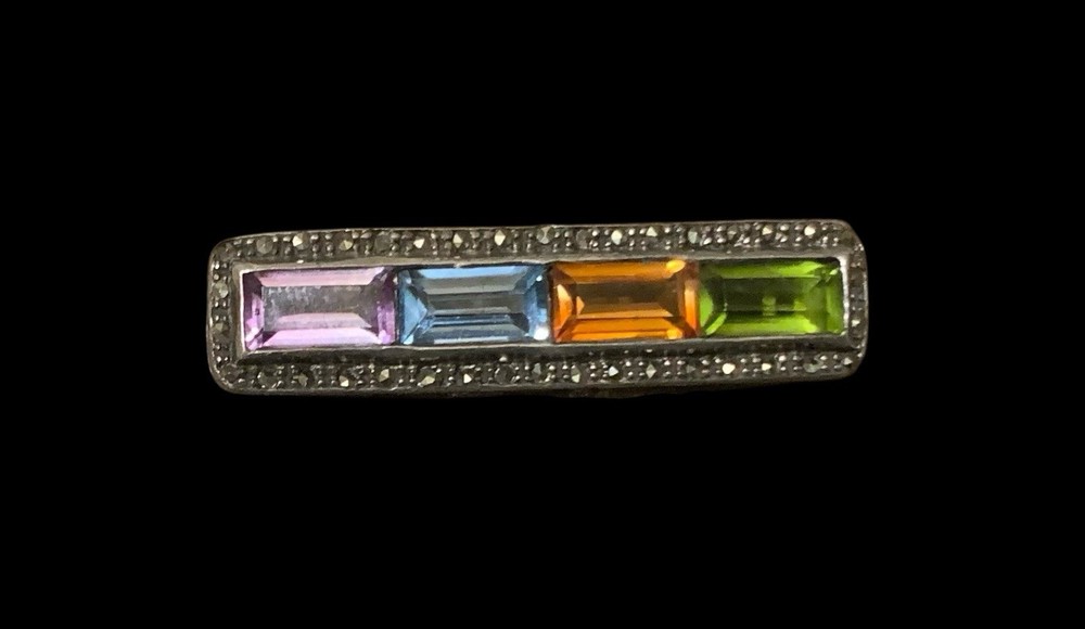 Vintage 925 Sterling Silver Rainbow Gemstone Marcasite Bar Brooch Pin Deco Style