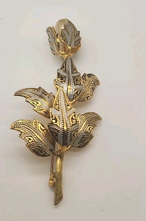 Vintage Damascene Leaf  W/Faux Pearl Bud Gold & Silver Tone Brooch Pin  Spain 3