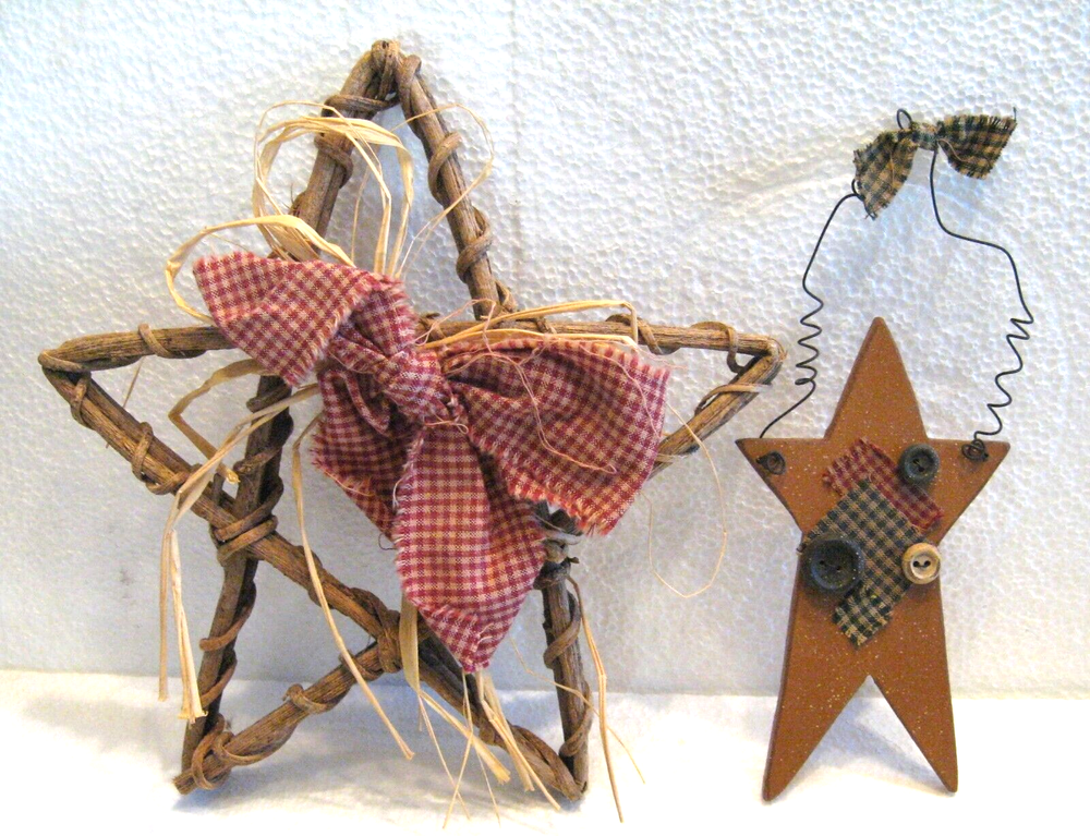 2 Country Farmhouse Decor Hanging Stars Grapevine Red Bow Wooden w Buttons Wire
