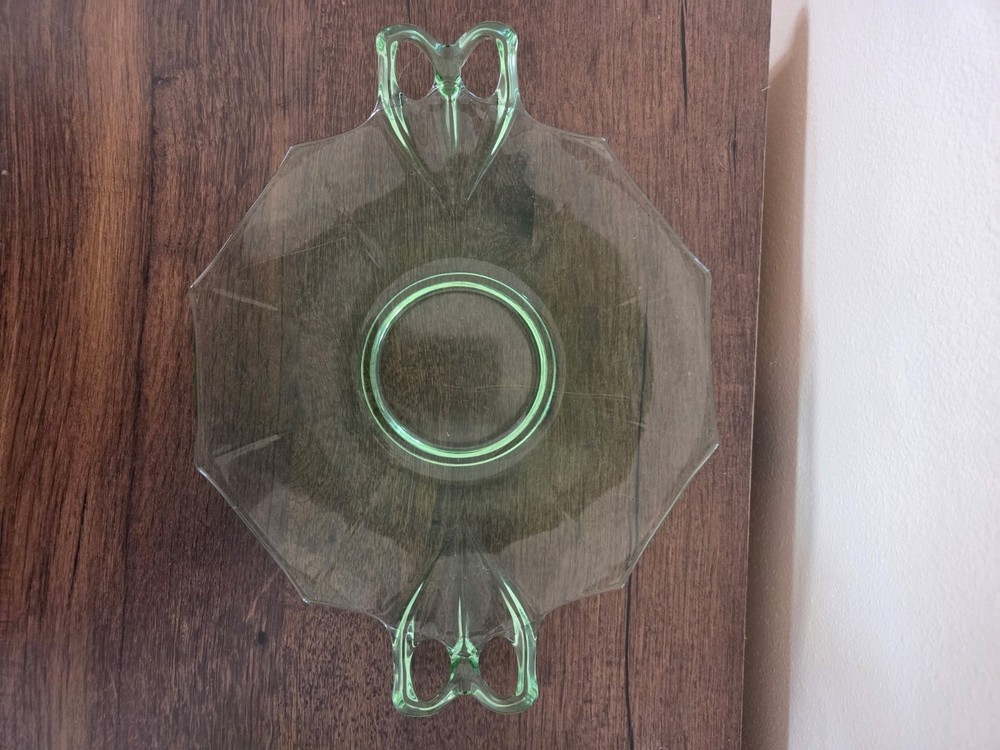 Green Depression  glass serving plate with handles 10 inch
