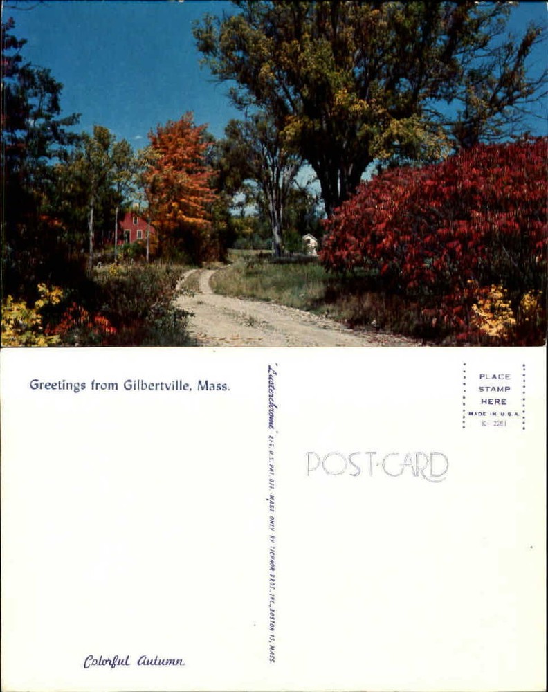 Greetings from Gilbertville Massachusetts MA autumn scene unused old postcard