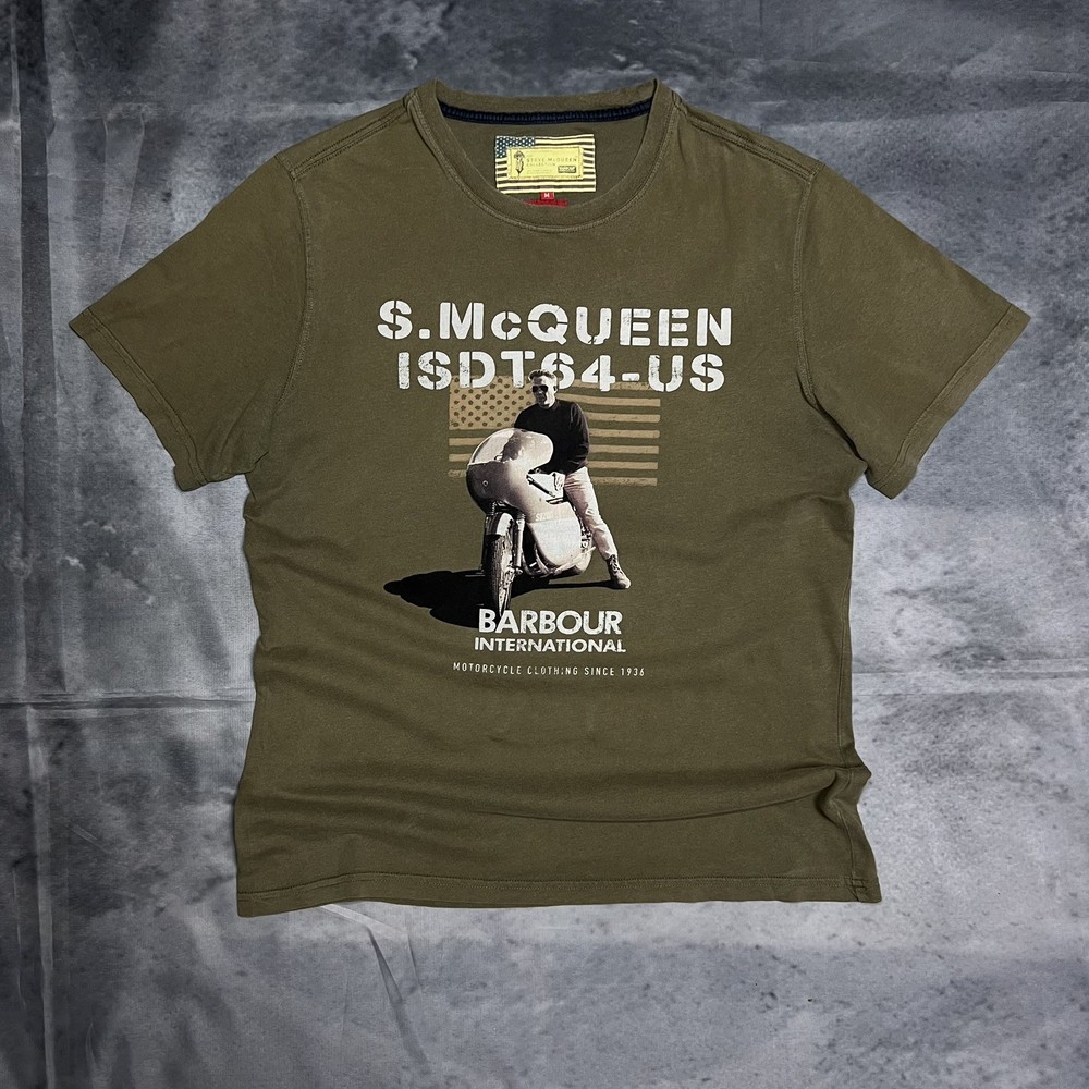 Barbour Steve McQueen Men’s Olive Graphic T-Shirt Size M Motorcycle Graphic Tee