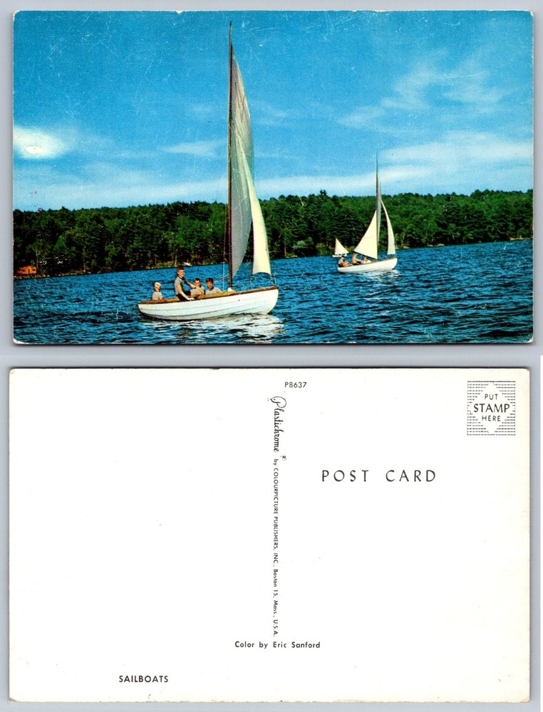 Vintage Plastichrome Sailboats Lake Scene Postcard Color by Eric Sanford