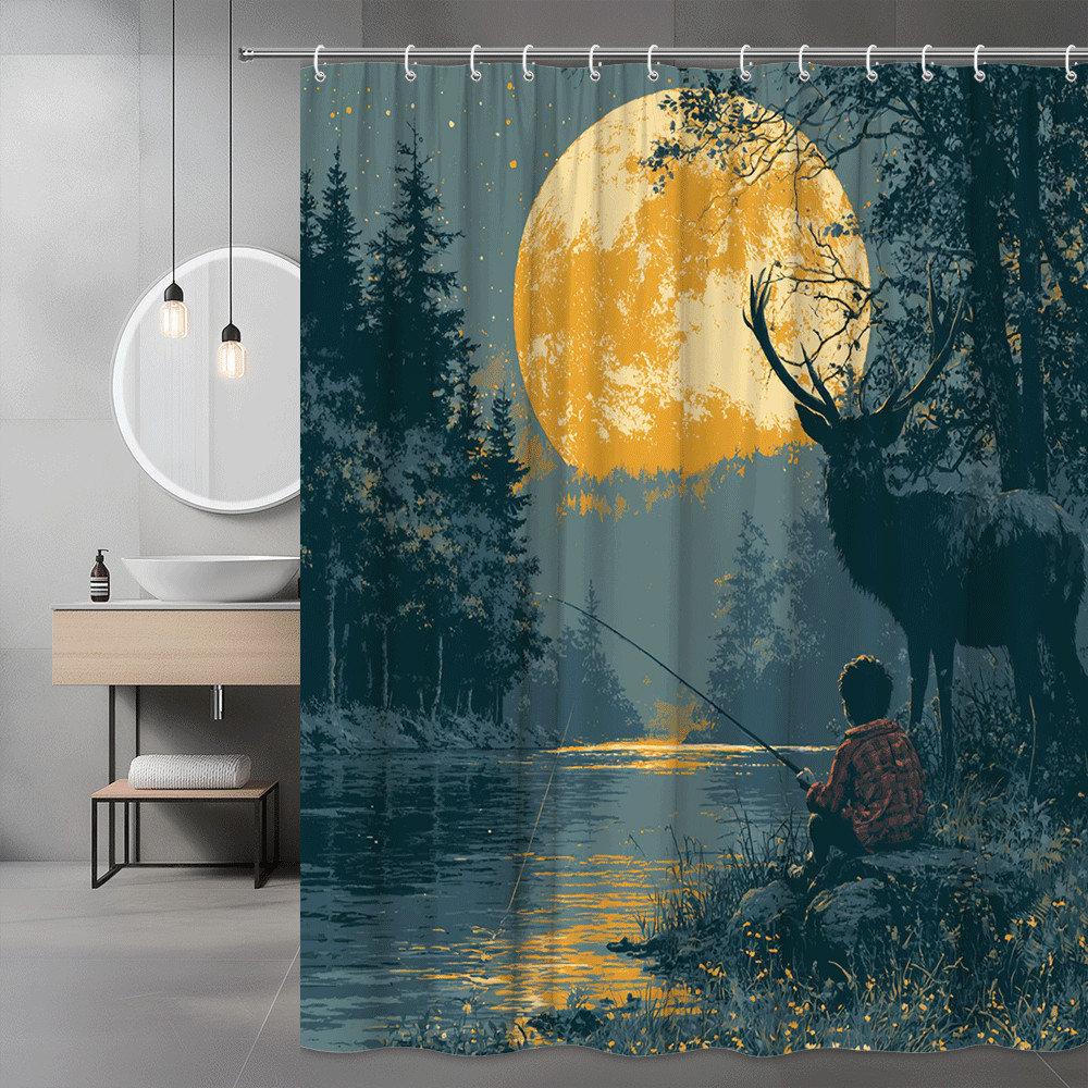Moonlit Forest Fishing Shower Curtain Deer River Scene