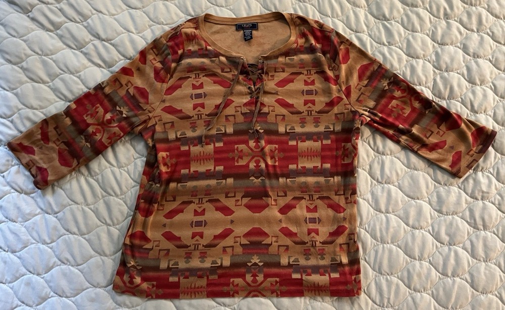Chaps Women’s Lace Up Aztec Print 3/4 Sleeve Shirt 2XL