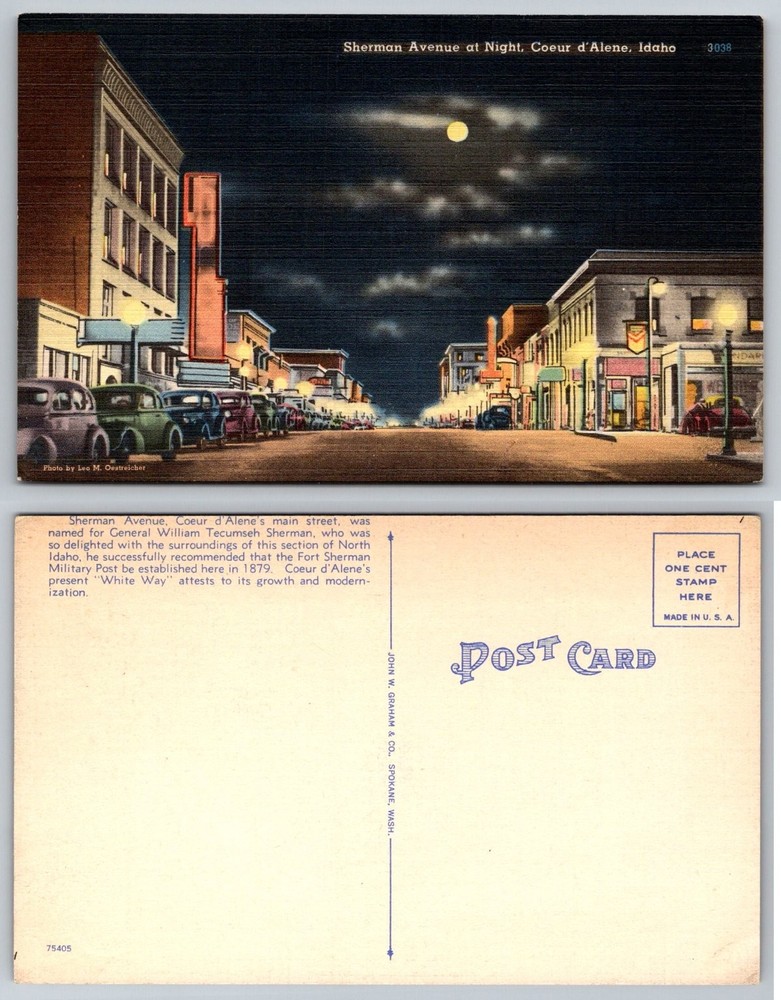 Sherman Ave Night Coeur d'Alene Idaho Postcard Vintage Cars Neon Signs Linen