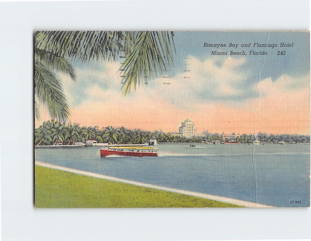 Postcard Biscayne Bay and Flamingo Hotel Miami Beach Florida USA